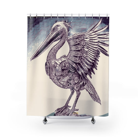 Steampunk Pelican Shower Curtain, Nautical Bathroom Decor, Unique Home Bath Accessories, Vintage Style Gift, Bird Lover Gift