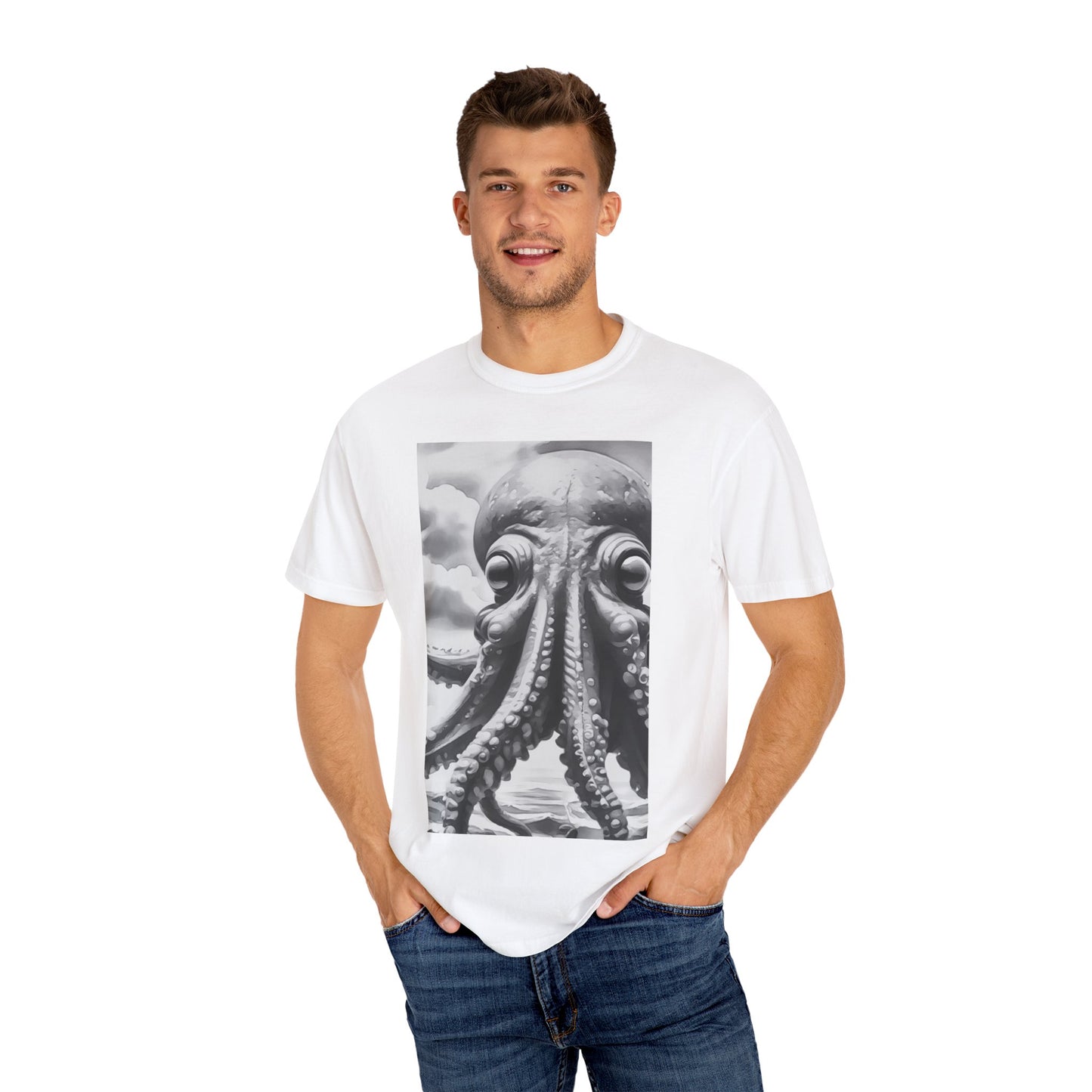 Ocean-Inspired Unisex Garment-Dyed T-Shirt with Octopus Design