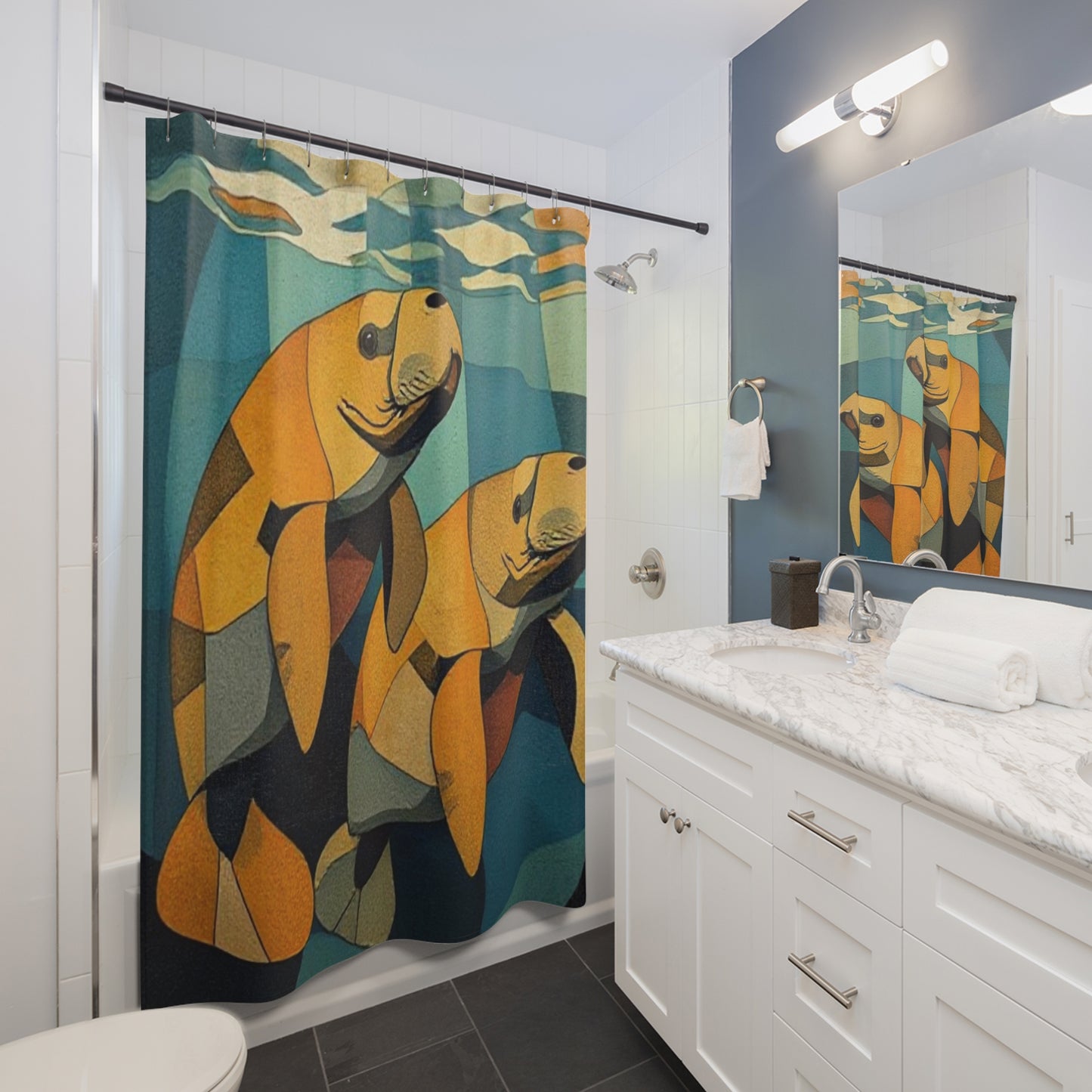 Artistic manatee Shower Curtain, Vibrant Bathroom Décor, Coastal Theme, Unique Home Accent, Gift for Nature Lovers