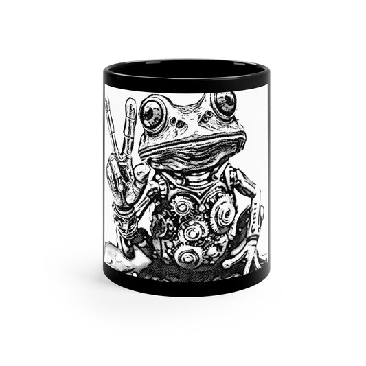 Robot Frog Peace Sign Mug, Black Coffee Cup, Unique Gift for Animal Lovers, Quirky Home Decor, Funny Office Mug, Geeky Tea Cup