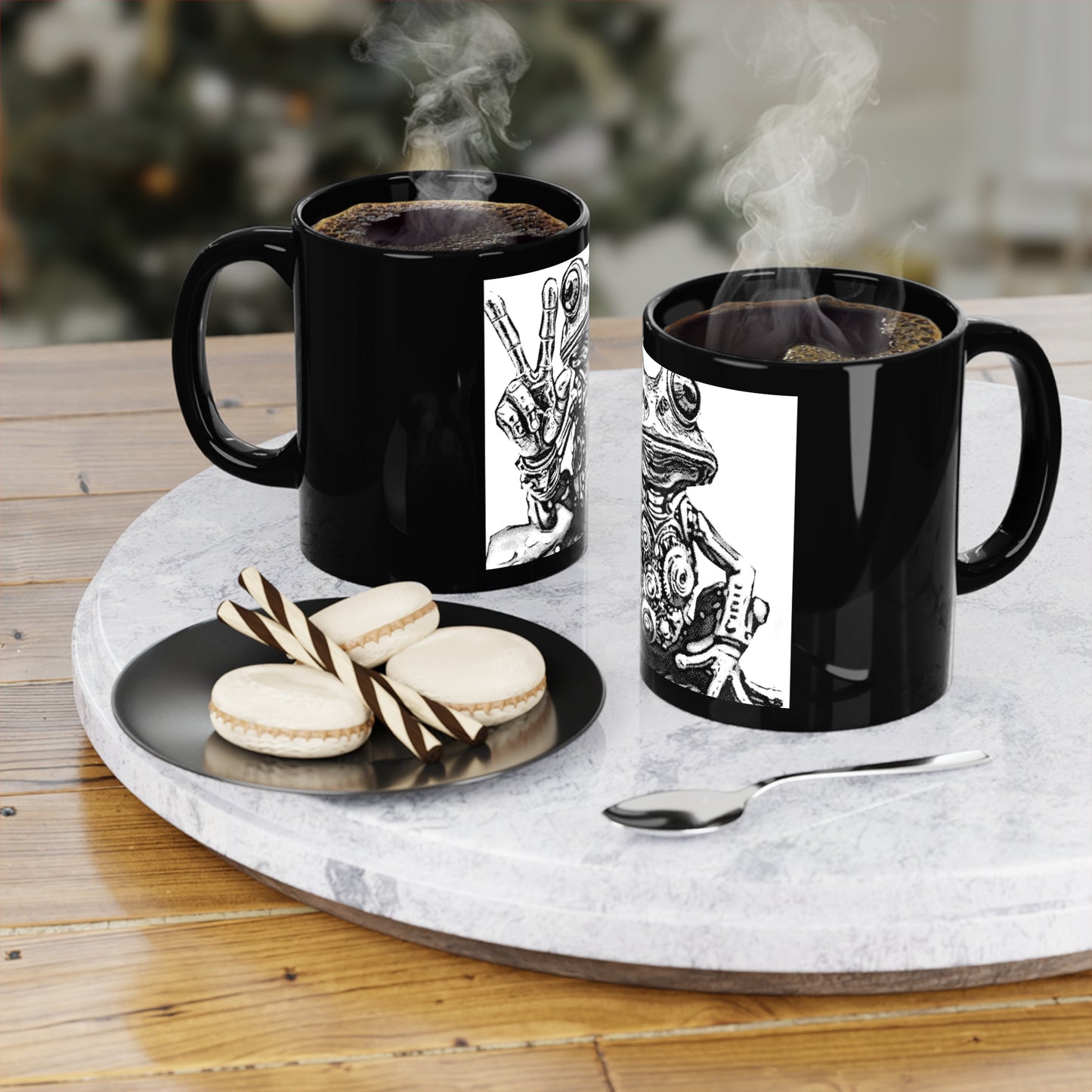 Robot Frog Peace Sign Mug, Black Coffee Cup, Unique Gift for Animal Lovers, Quirky Home Decor, Funny Office Mug, Geeky Tea Cup